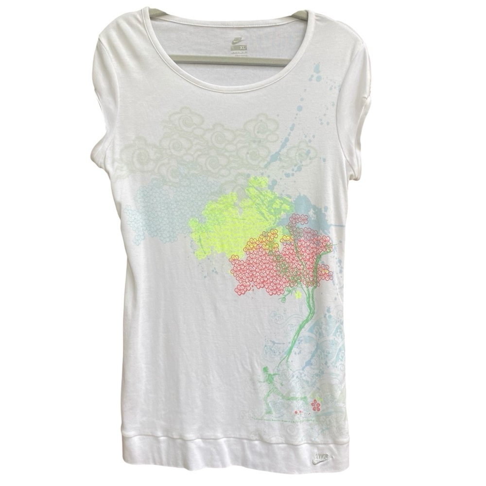 Nike Abstract Graphic Baby Tee Shirt Womens Size XL White Puff Cap Sleeve